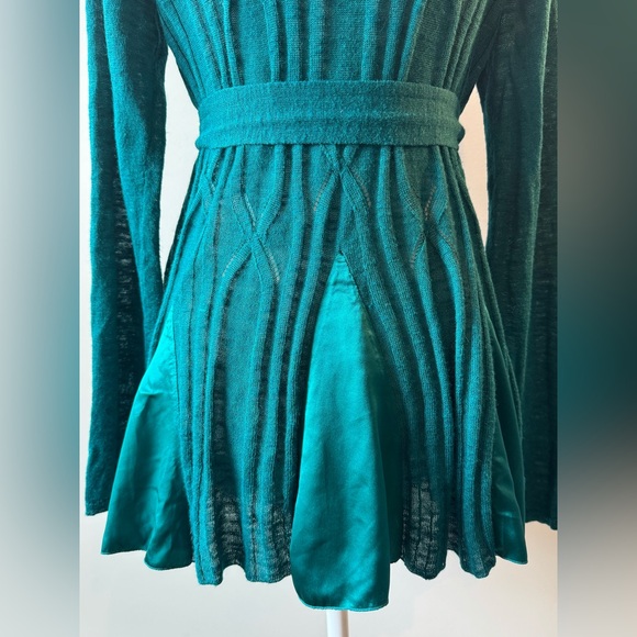 Anthro Knitted & Knotted Teal Open-Front Silk Trim Cardigan Sweater Size M NWT - Picture 7 of 15